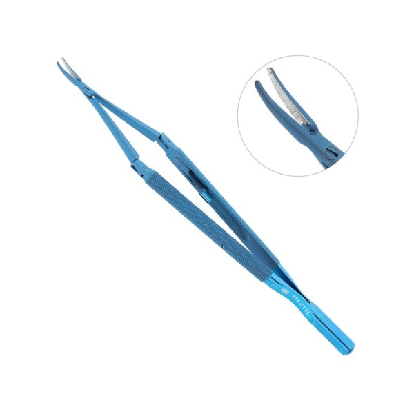 Иглодержатель микрохирургический трехшарнирный, 180 мм, 1.2 мм, L замок, изогнутый - фото 1