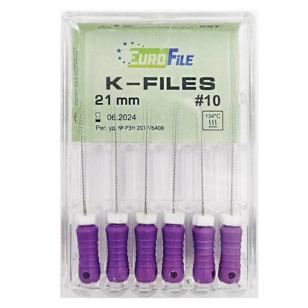 Файлы ручные Eurofile K-Files, для прохождения и расширения корневых каналов, 21 мм, №10/.02, сталь, 6 шт - фото 1