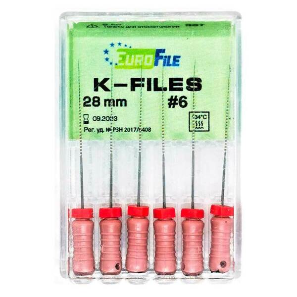 Файлы ручные Eurofile K-Files, для прохождения и расширения корневых каналов, 28 мм, №06/.02, сталь, 6 шт - фото 1