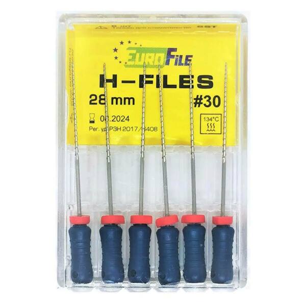  Файлы ручные Eurofile H-Files, для расширения и выравнивания корневого канала, 28 мм, №30/.02, сталь, 6 шт - фото 1