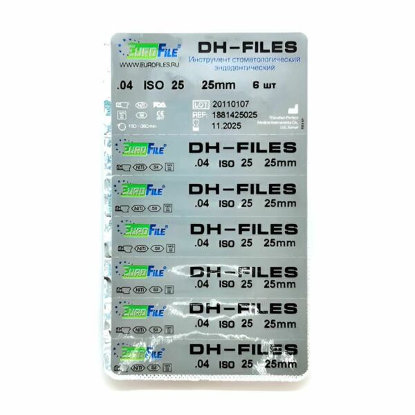 Файлы машинные Eurofile DH-Files, универсальный, 25 мм, №25/.04, никель-титан, 6 шт - фото 2