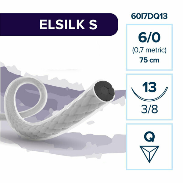 Шовный материал ELSILK S — нерассасывающаяся нить 6/0 75 см, обратно-режущая игла 13 мм 3/8, 12 шт - фото 0