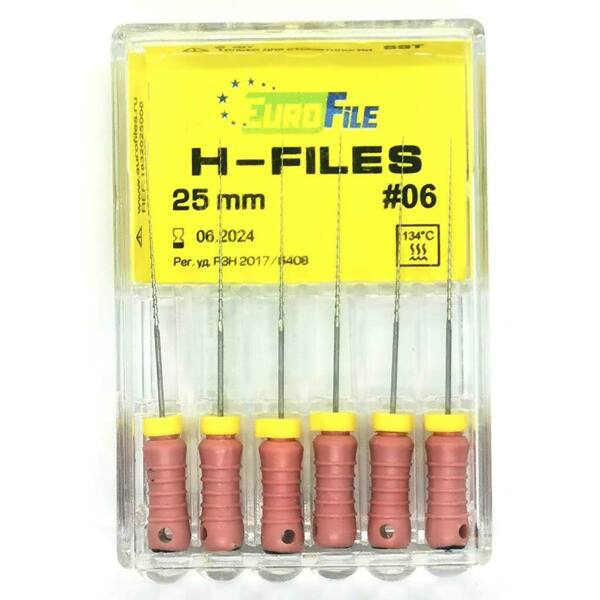  Файлы ручные Eurofile H-Files, для расширения и выравнивания корневого канала, 25 мм, №06/.02, сталь, 6 шт - фото 1
