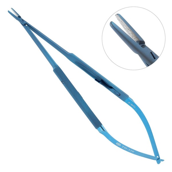 Иглодержатель микрохирургический, прямой, титановый, для иглы 5/0, 6/0, ручка 8,5 мм, B=1,2 мм, L=180 мм, замок - L - фото 0