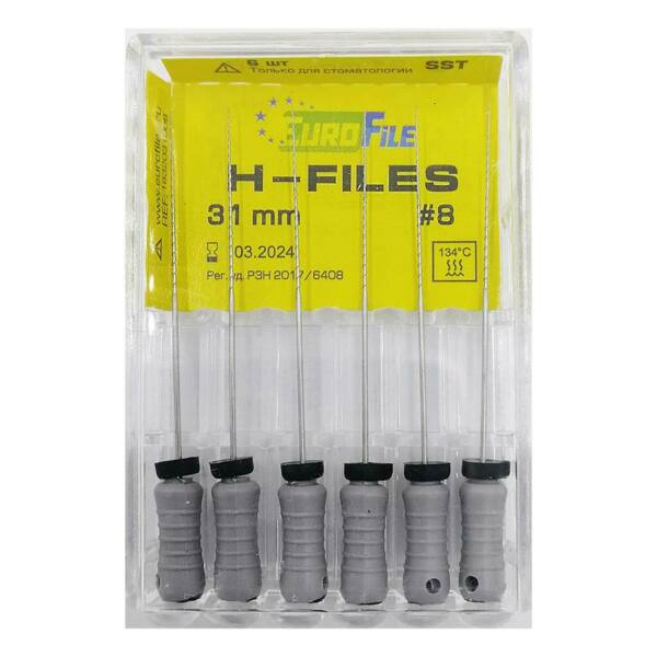  Файлы ручные Eurofile H-Files, для расширения и выравнивания корневого канала, 31 мм, №08/.02, сталь, 6 шт - фото 1