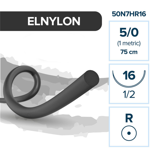 Шовный материал ELNYLON — нерассасывающаяся нить 5/0 75 см, колющая игла 16 мм 1/2, 12 шт - фото 0