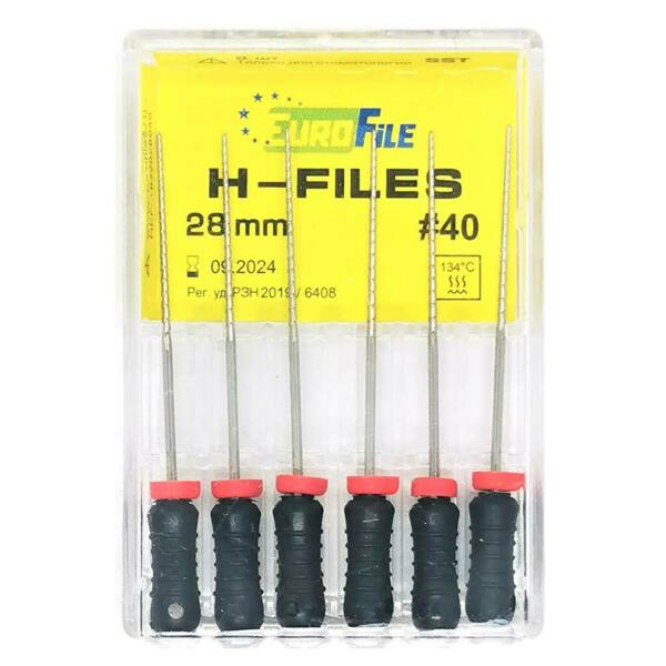  Файлы ручные Eurofile H-Files, для расширения и выравнивания корневого канала, 28 мм, №40/.02, сталь, 6 шт - фото 1