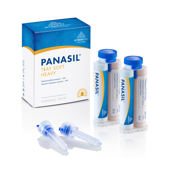 Panasil tray Soft Heavy - вязкотекучий, устойчивый материал для точных оттисков, пониженная конечная твердость, 2x50 мл + 6 смесителей