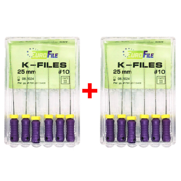 Файлы ручные Eurofile K-Files, для прохождения и расширения корневых каналов, 25 мм, №10/.02, сталь, 6 шт х 2 - фото 0