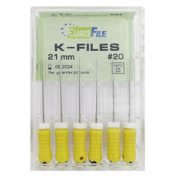Файлы ручные Eurofile K-Files, для прохождения и расширения корневых каналов, 21 мм, №20/.02, сталь, 6 шт - фото 1