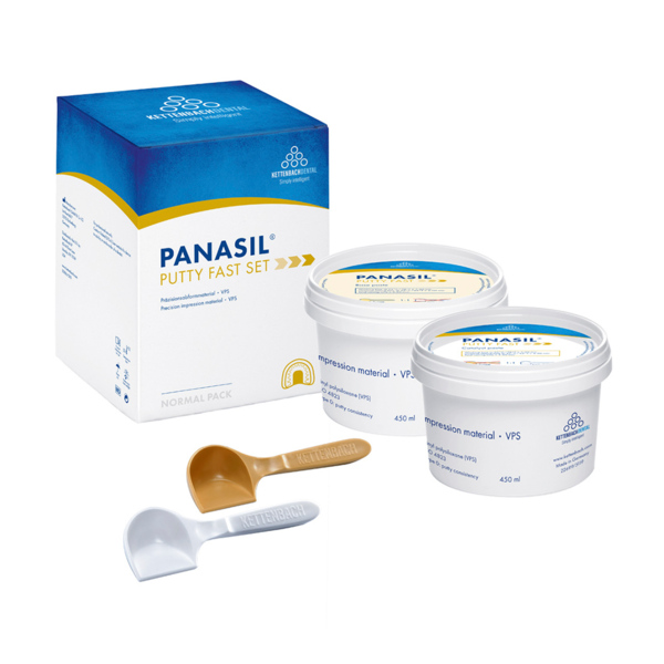 Набор для создания оттисков Kettenbach Panasil Putty Fast Set, с коротким временем пребывания во рту, катализатор 450 мл + базисная масса 450 мл + 2 ложки - фото 0