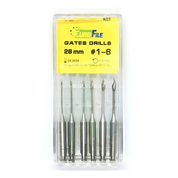 Дрильборы машинные Eurofile Gates Drills, для расширения коронковой трети канала, 28 мм, размер 1-6, сталь, 6 шт - фото 0