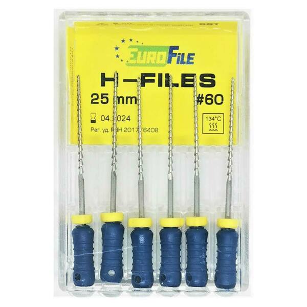  Файлы ручные Eurofile H-Files, для расширения и выравнивания корневого канала, 25 мм, №60/.02, сталь, 6 шт - фото 1