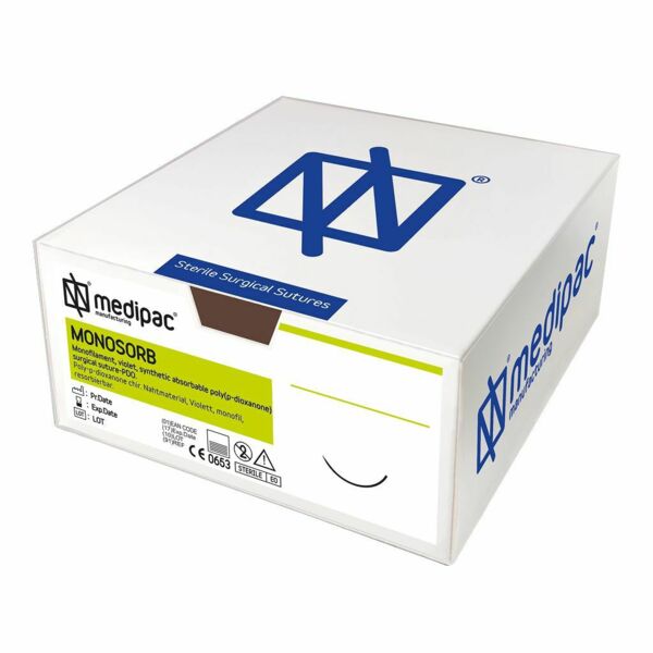 Шовный материал Medipac MONOSORB, рассасывающаяся мононить 5/0 75 см, колющая игла 17 мм 1/2, фиолетовый, намотка восьмерка, 24 шт - фото 1