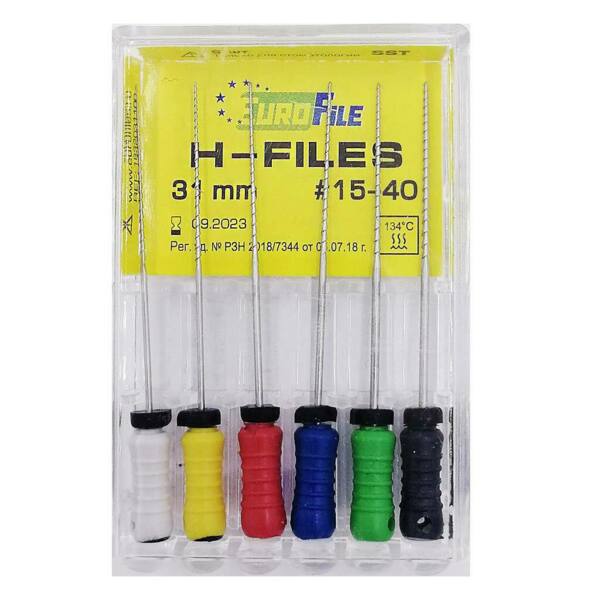  Файлы ручные Eurofile H-Files, для расширения и выравнивания корневого канала, 31 мм, набор №15-40/.02, сталь, 6 шт - фото 1