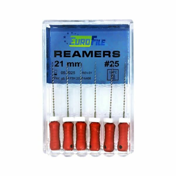 Дрильборы ручные Eurofile Reamers, для прохождения и расширения корневых каналов, 21 мм, №25, сталь, 6 шт - фото 0