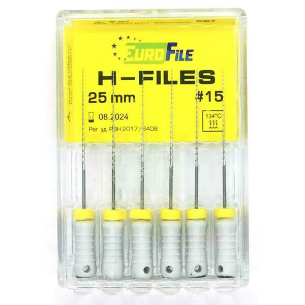  Файлы ручные Eurofile H-Files, для расширения и выравнивания корневого канала, 25 мм, №15/.02, сталь, 6 шт - фото 1