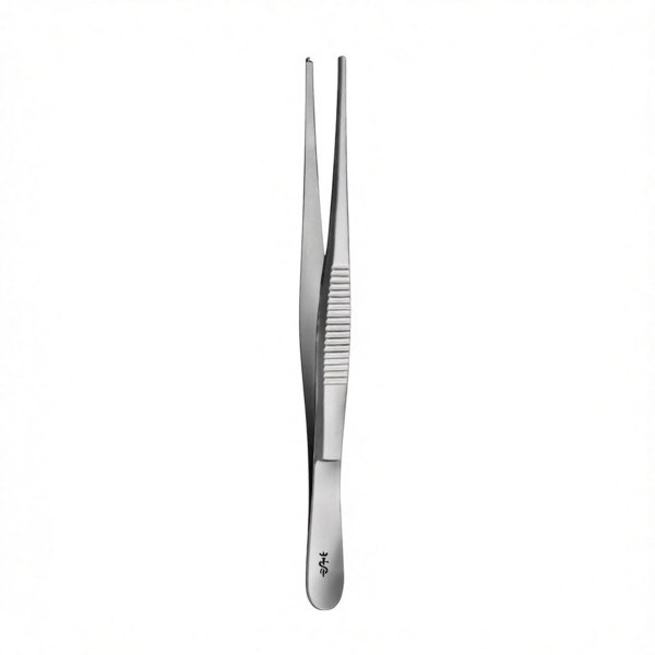 Пинцет хирургический Aesculap, прямой, стандартный, для фиксации мягких тканей, гладкие зубчики 1х2, L=115 мм, сталь, 1 шт - фото 0