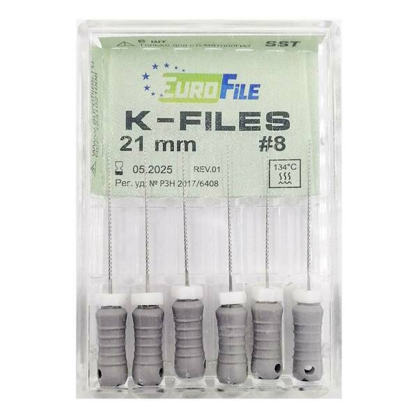 Файлы ручные Eurofile K-Files, для прохождения и расширения корневых каналов, 21 мм, №08/.02, сталь, 6 шт - фото 1