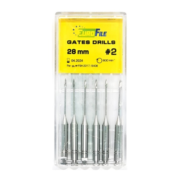 Дрильборы машинные Eurofile Gates Drills, для расширения коронковой трети канала, 28 мм, размер 2, сталь, 6 шт - фото 0