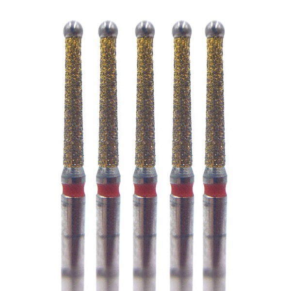 Бор алмазный 388Q, GOLD Line, шаровидный с воротником, безопасный конец, D=1.4 мм, FG, красный, 5 шт - фото 0