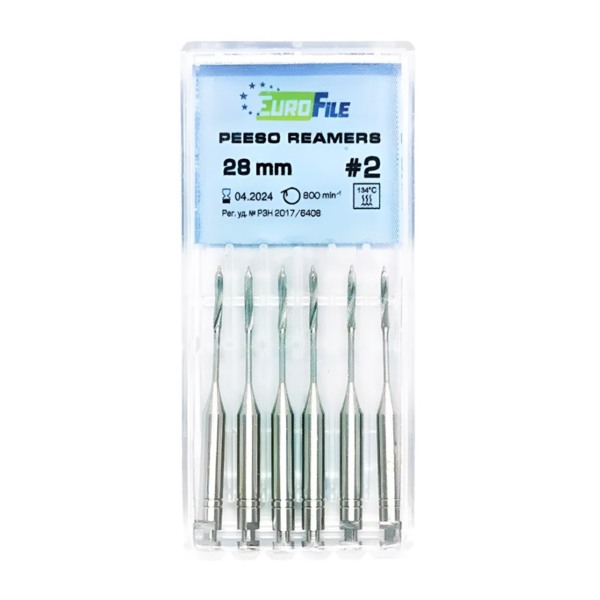 Дрильборы машинные Eurofile Peeso Reamer, для работы с каналом после вскрытия полости, 28 мм, размер 2, сталь, 6 шт - фото 0
