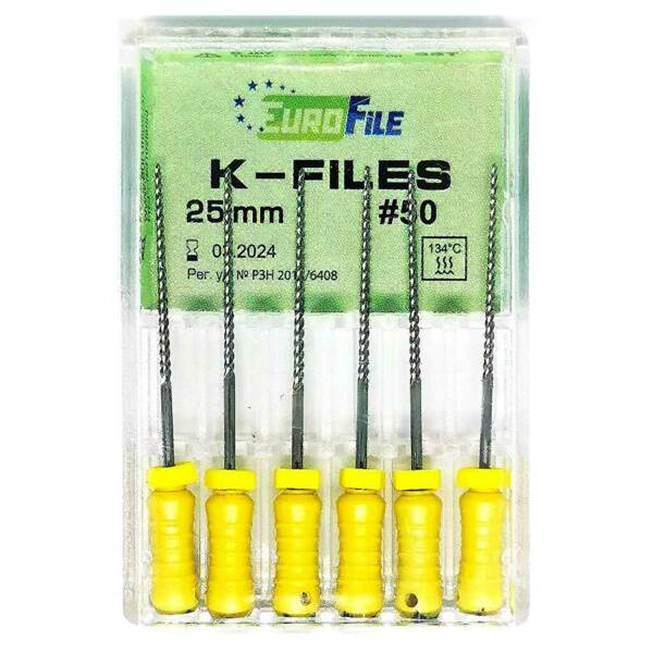 Файлы ручные Eurofile K-Files, для прохождения и расширения корневых каналов, 25 мм, №50/.02, сталь, 6 шт - фото 1