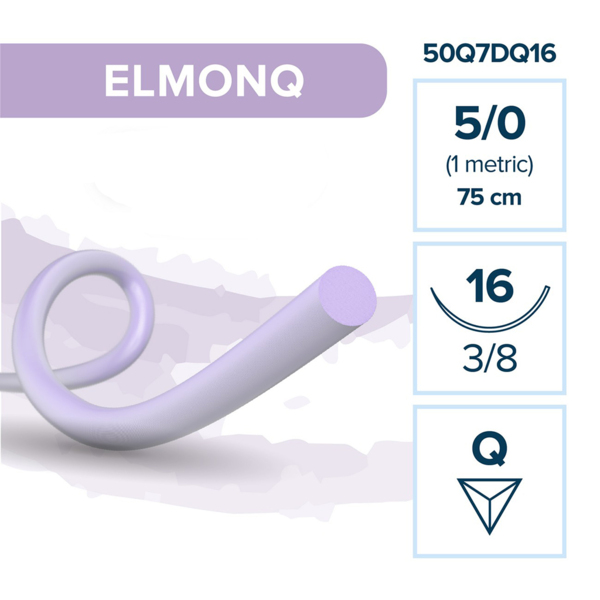 Шовный материал Elemaar ELMONQ, рассасывающаяся мононить, 5/0 75 см, обратно-режущая игла 16 мм 3/8, фиолетовый, 12 шт - фото 1