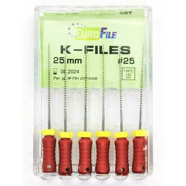 Файлы ручные Eurofile K-Files, для прохождения и расширения корневых каналов, 25 мм, №25/.02, сталь, 6 шт - фото 1