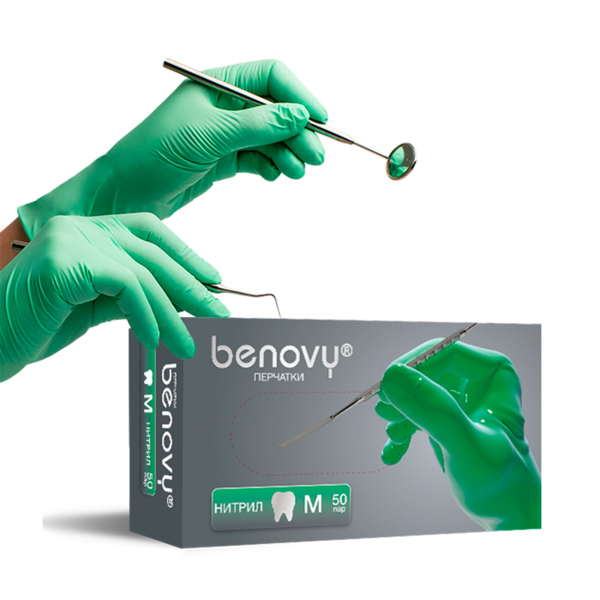 Перчатки одноразовые Benovy Dental Formula, нитриловые, нестерильные, текстурированные, хлорированные, зеленые, M, 50 пар - фото 0