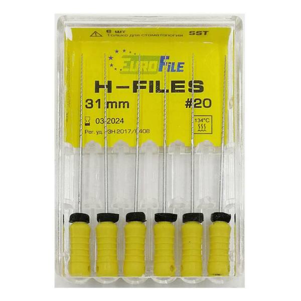  Файлы ручные Eurofile H-Files, для расширения и выравнивания корневого канала, 31 мм, №20/.02, сталь, 6 шт - фото 1