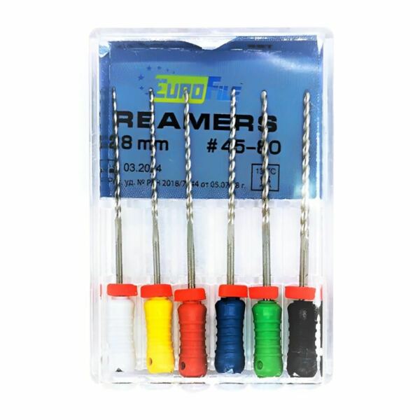 Дрильборы ручные Eurofile Reamers, для прохождения и расширения корневых каналов, 28 мм, №45-80, сталь, 6 шт - фото 0