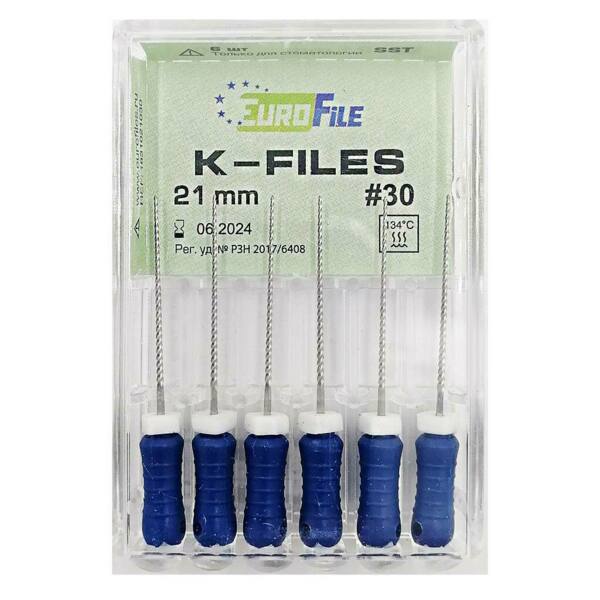 Файлы ручные Eurofile K-Files, для прохождения и расширения корневых каналов, 21 мм, №30/.02, сталь, 6 шт - фото 1