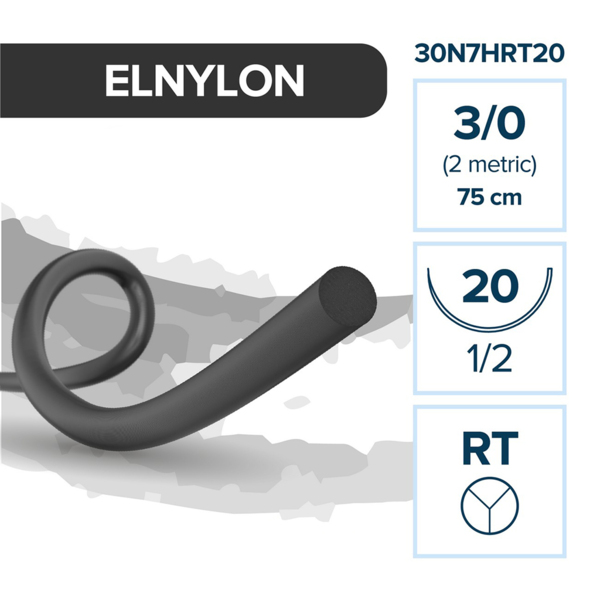 Шовный материал ELNYLON — нерассасывающаяся нить 3/0 75 см, таперкат 20 мм 1/2, 12 шт - фото 0