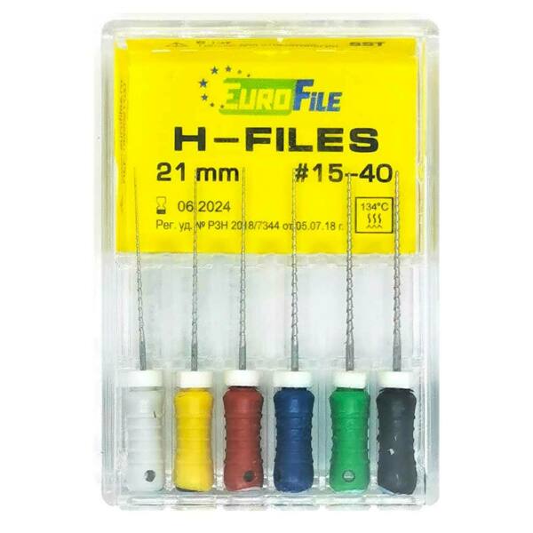 Файлы ручные Eurofile H-Files, для расширения и выравнивания корневого канала, 21 мм, набор №15-40/.02, сталь, 6 шт - фото 1