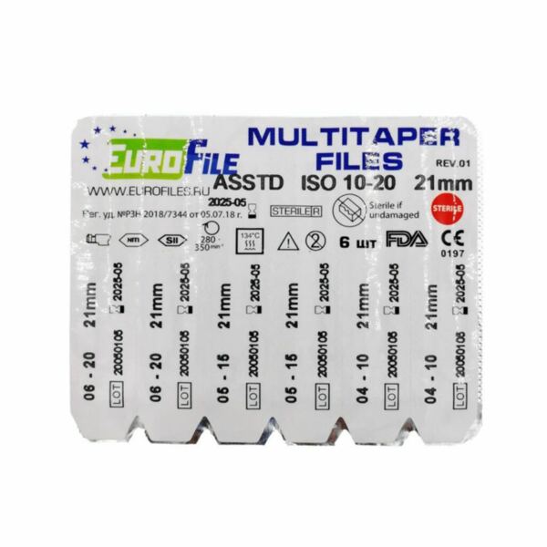 Файлы машинные Eurofile MultiTaper, реципрокный, стерильный, для препарирования каналов, 21 мм (16 мм), ассорти, набор №10-20, никель-титан, 6 шт - фото 2