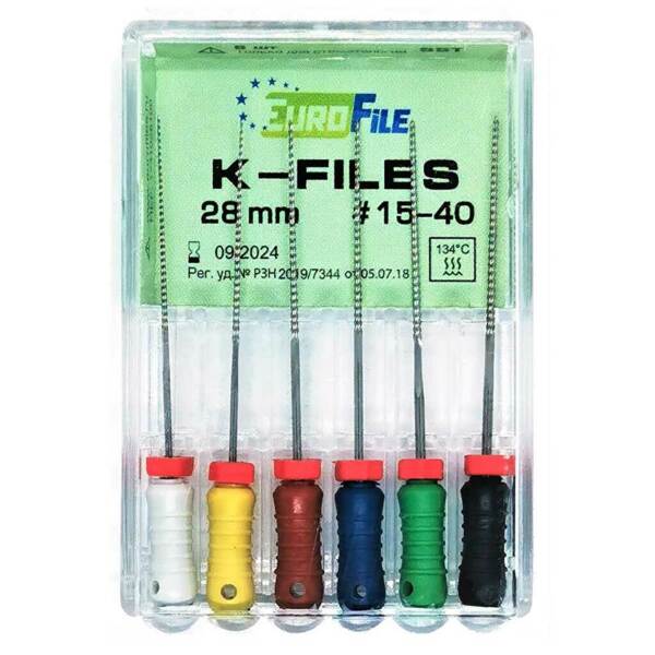 Файлы ручные Eurofile K-Files, для прохождения и расширения корневых каналов, 28 мм, набор №15-40/.02, сталь, 6 шт - фото 1