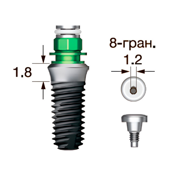 Имплантат OSSTEM SS III SA Standart (G/H=1.8), 8-гранник D=2.5, с полированной шейкой, D=4.5 мм, L=11.5 мм, с адаптером и винт-заглушкой D=1.2 мм - фото 0