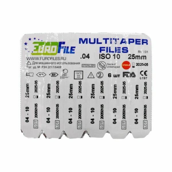 Файлы машинные Eurofile MultiTaper, реципрокный, стерильный, для препарирования каналов, 25 мм (16 мм), №10/.04, никель-титан, 6 шт - фото 2