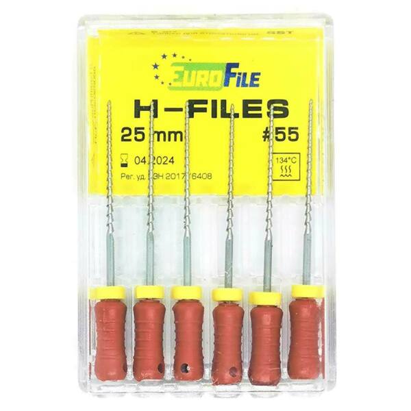  Файлы ручные Eurofile H-Files, для расширения и выравнивания корневого канала, 25 мм, №55/.02, сталь, 6 шт - фото 1