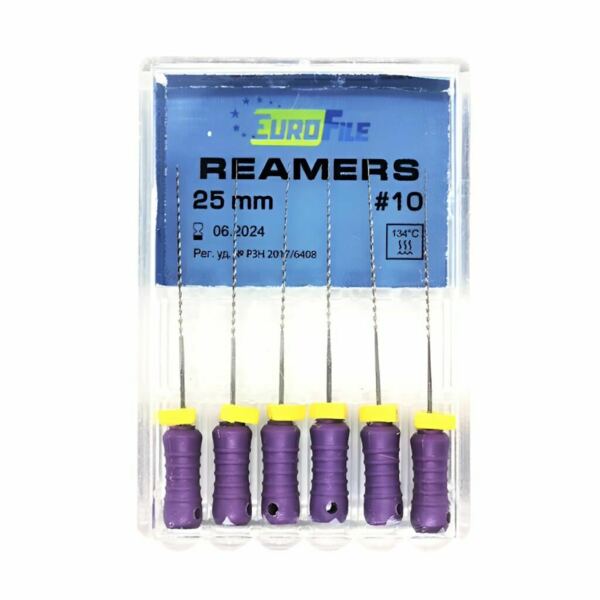 Дрильборы ручные Eurofile Reamers, для прохождения и расширения корневых каналов, 25 мм, №10, сталь, 6 шт - фото 0
