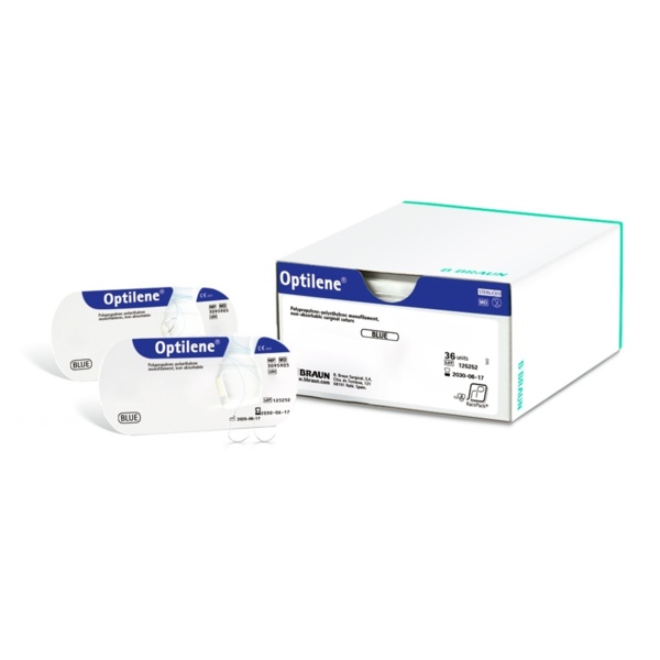 Шовный материал B.Braun Оптилен, нерассасывающаяся мононить, 5/0 45 см, обратно-режущая игла 16 мм 3/8, синий, 36 шт - фото 0