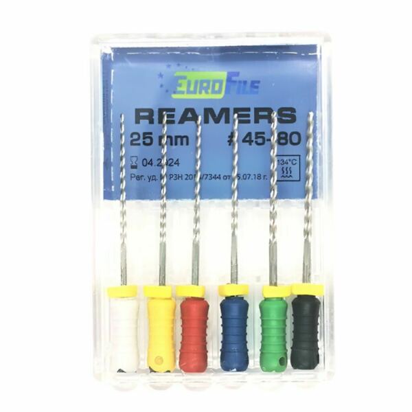 Дрильборы ручные Eurofile Reamers, для прохождения и расширения корневых каналов, 25 мм, №45-80, сталь, 6 шт - фото 0