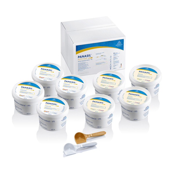 Набор для создания оттисков Kettenbach Panasil Putty Soft, на основе А-силикона, с пониженной конечной твердостью, катализатор 4х450 мл + базисная масса 4х450 мл + 2 ложки - фото 0