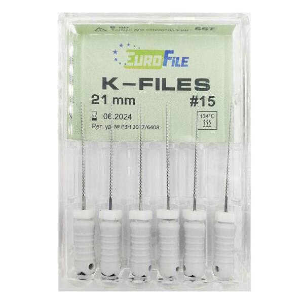 Файлы ручные Eurofile K-Files, для прохождения и расширения корневых каналов, 21 мм, №15/.02, сталь, 6 шт - фото 1