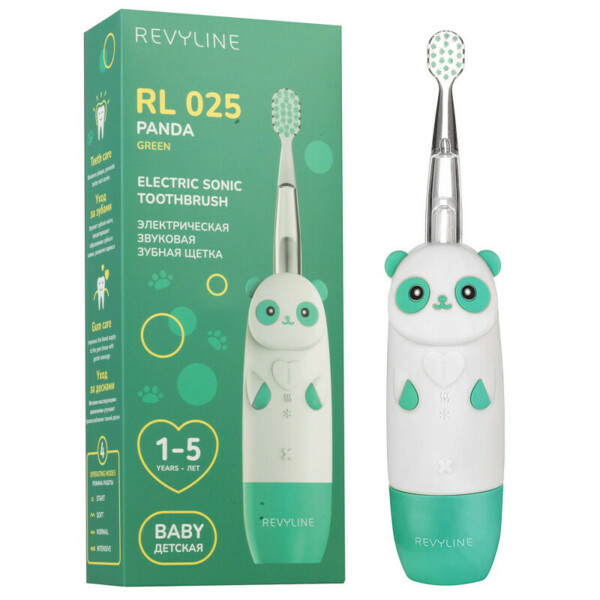 Детская электрическая звуковая зубная щётка Revyline RL 025 Baby Panda, зелёный - фото 0