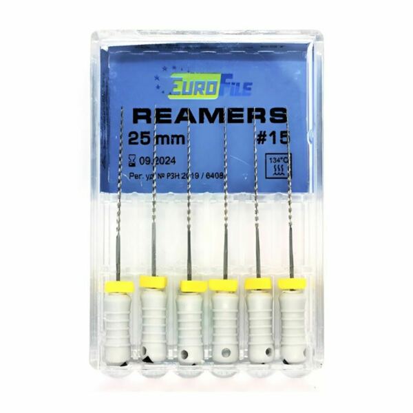 Дрильборы ручные Eurofile Reamers, для прохождения и расширения корневых каналов, 25 мм, №15, сталь, 6 шт - фото 0