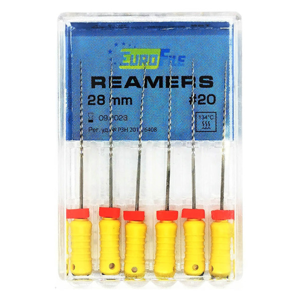 Дрильборы ручные Eurofile Reamers, для прохождения и расширения корневых каналов, 28 мм, №20, сталь, 6 шт - фото 0