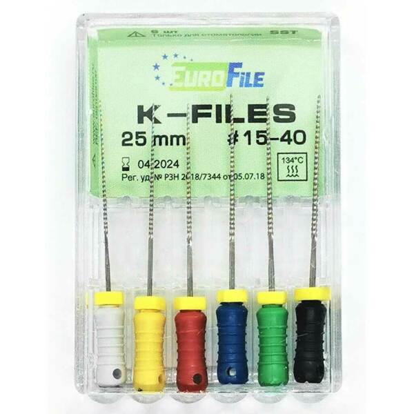 Файлы ручные Eurofile K-Files, для прохождения и расширения корневых каналов, 25 мм, набор №15-40/.02, сталь, 6 шт - фото 1