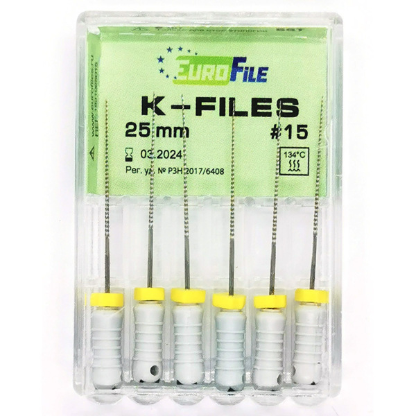 K-Files - ручные файлы, 25 мм, №15, сталь, 6 шт - фото 0